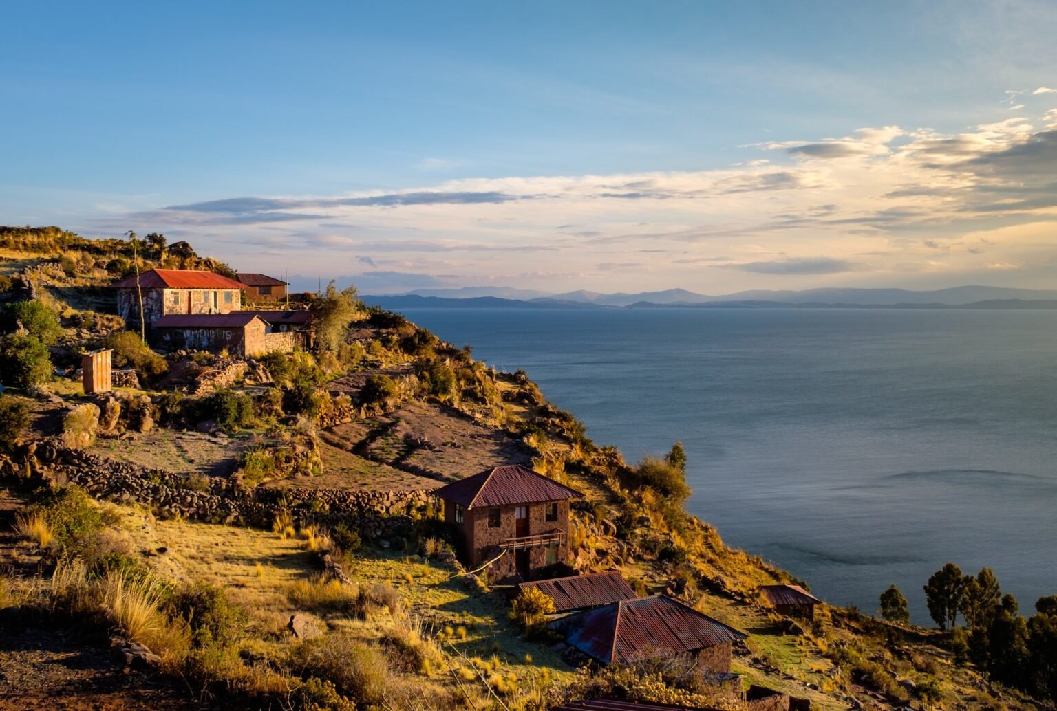 PUNO, PERU - CIRCA OCTOBER 2015: Houses of the Island of Taquile in Lake Titicaca.