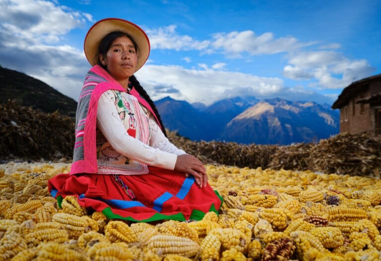 SACRED VALLEY, PERU - CIRCA JULY 2022: Woman of the Andean Community Misminay close to Maras in the Peruvian Sacred Valley. The Mullak’as Misminay is a small community within the Sacred Valley where traditions inherited from the Incas are preserved.