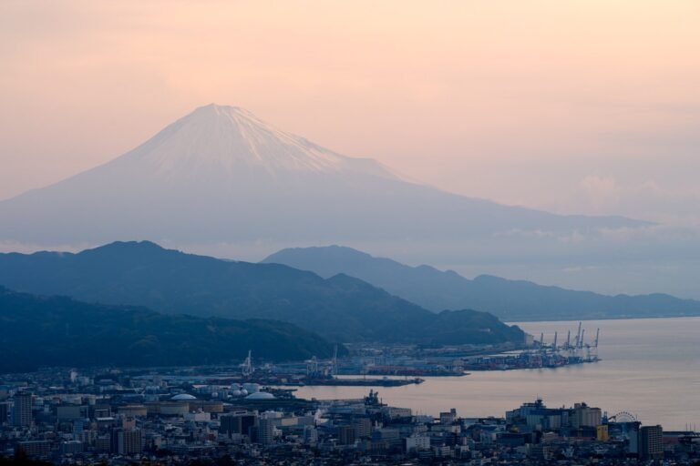 Mount Fuji at dusk above Shimizu Port and Shizuoka City