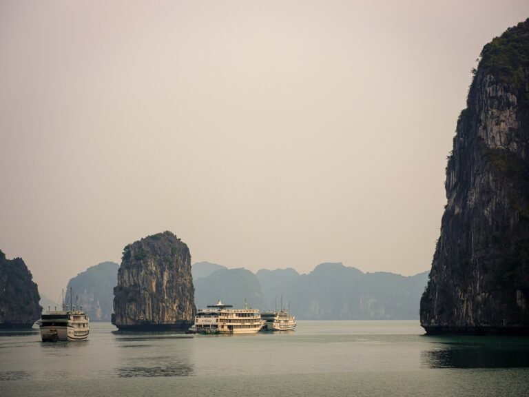 Boats in Halong Bay at Dusk