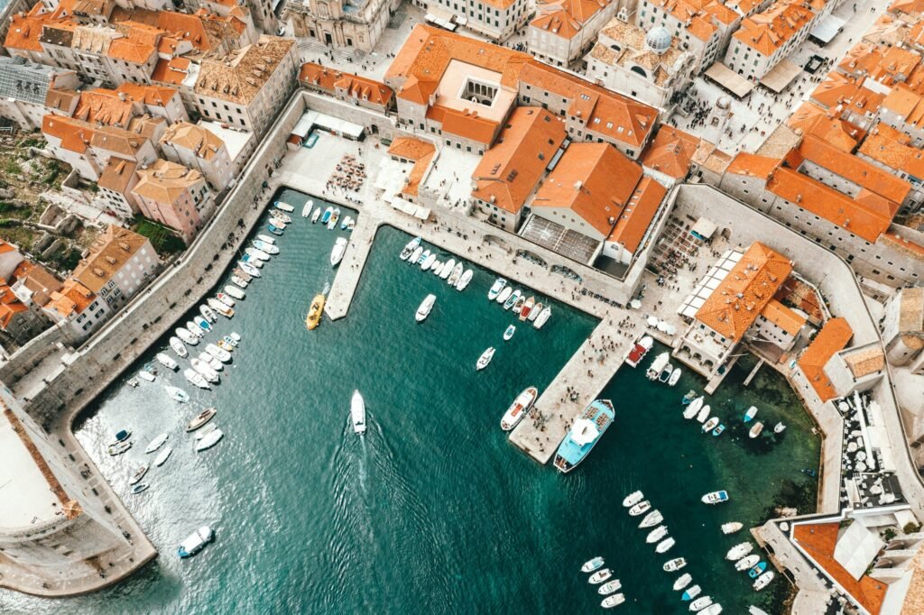 Dubrovnik old port aerial view, Croatia