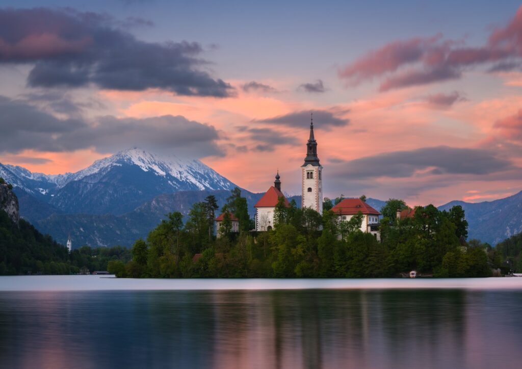 Evening at Lake Bled with the Church of the Assumption